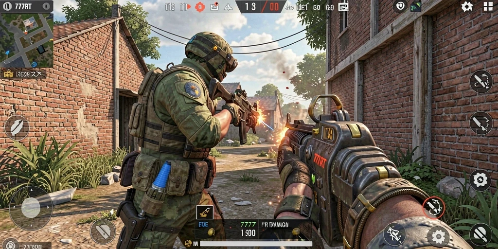 Tampilan gameplay FPS yang intens dan mendebarkan dalam 777RT.