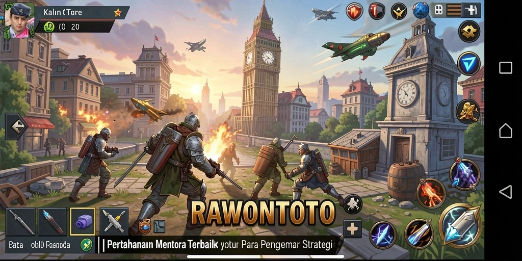 Tangkapan layar gameplay RAWONTOTO menampilkan pertempuran seru dengan menara yang menghalau musuh.