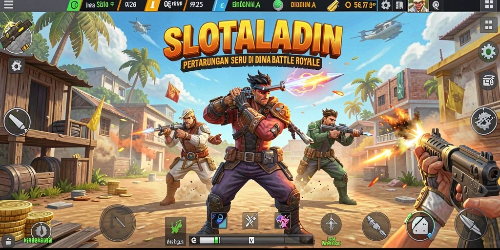 Screenshot gameplay SLOTALADIN menampilkan pertempuran intens di medan tempur Battle Royale.