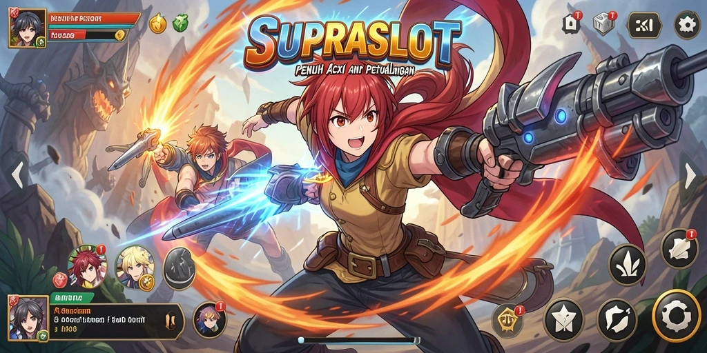 Tampilan gameplay SUPRASLOT menampilkan aksi karakter anime yang menegangkan.