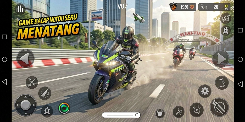 Tampilan gameplay V07 yang penuh aksi balap motor.