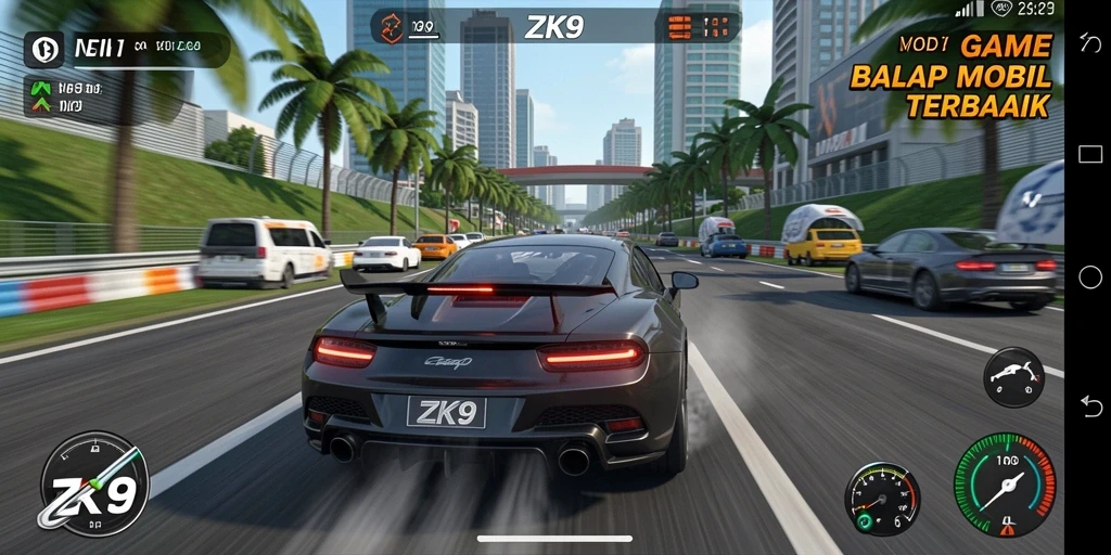 Screenshot gameplay ZK9 menampilkan mobil balap di trek cepat.